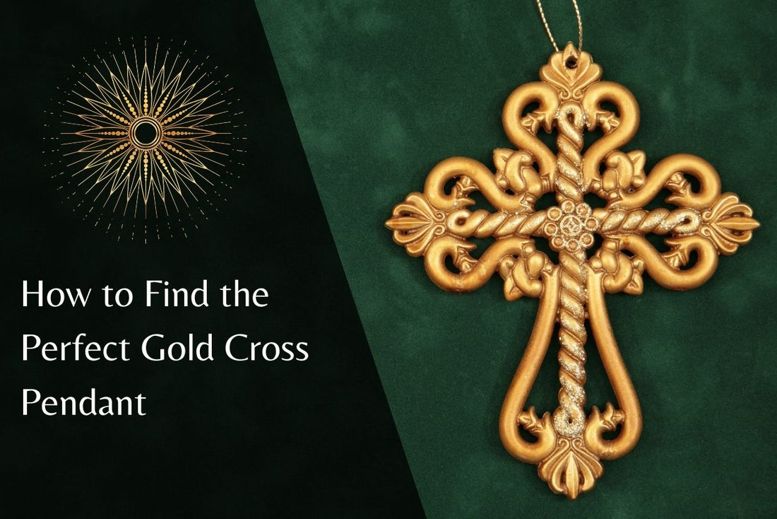 A gold cross pendant with intricate detailing, hanging against a green velvet background. The text "How to Find the Perfect Gold Cross Pendant" is displayed above the image.