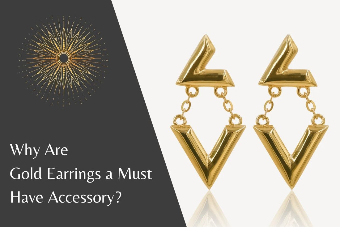 A pair of gold earrings with a geometric design. The earrings have a V-shaped drop with a chain connecting the two parts. The background is a dark gray with a gold sunburst pattern.