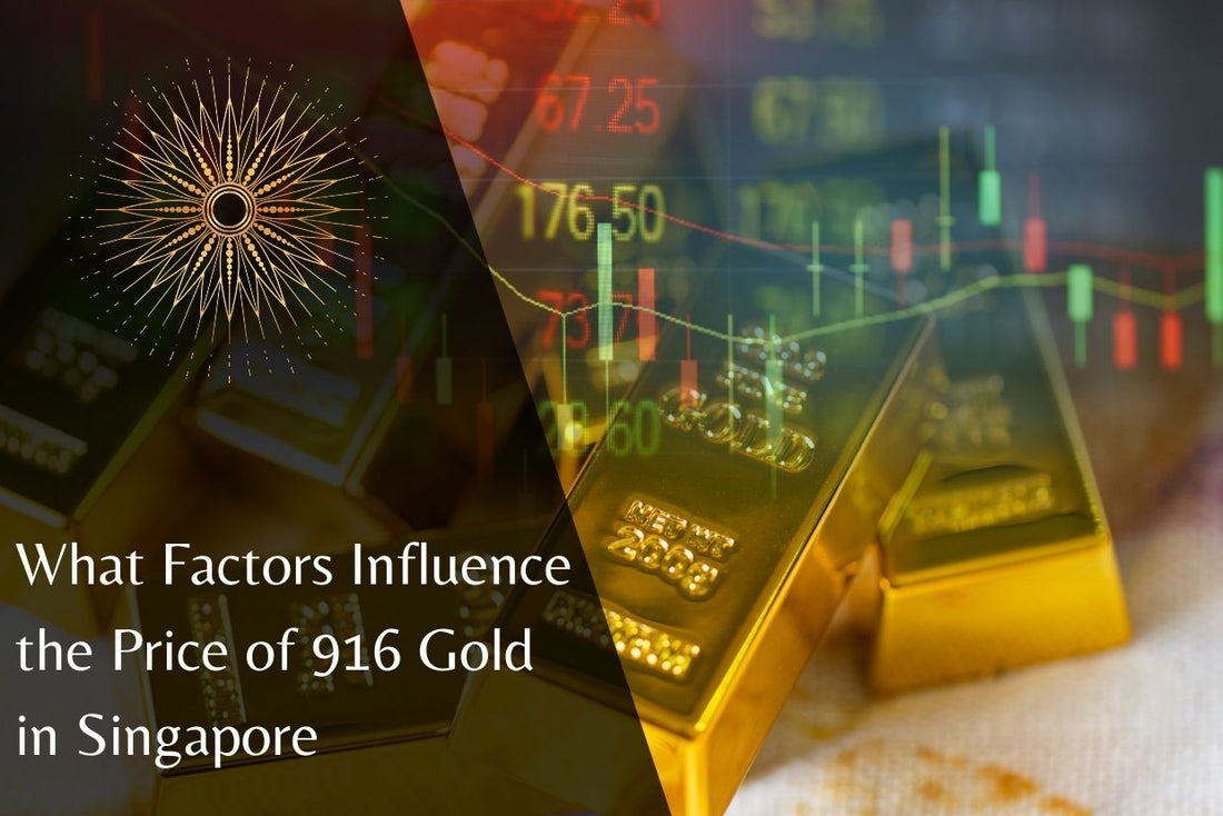  A photo of gold bars with a graph and numbers in the background, and the text "What Factors Influence the Price of 916 Gold in Singapore.