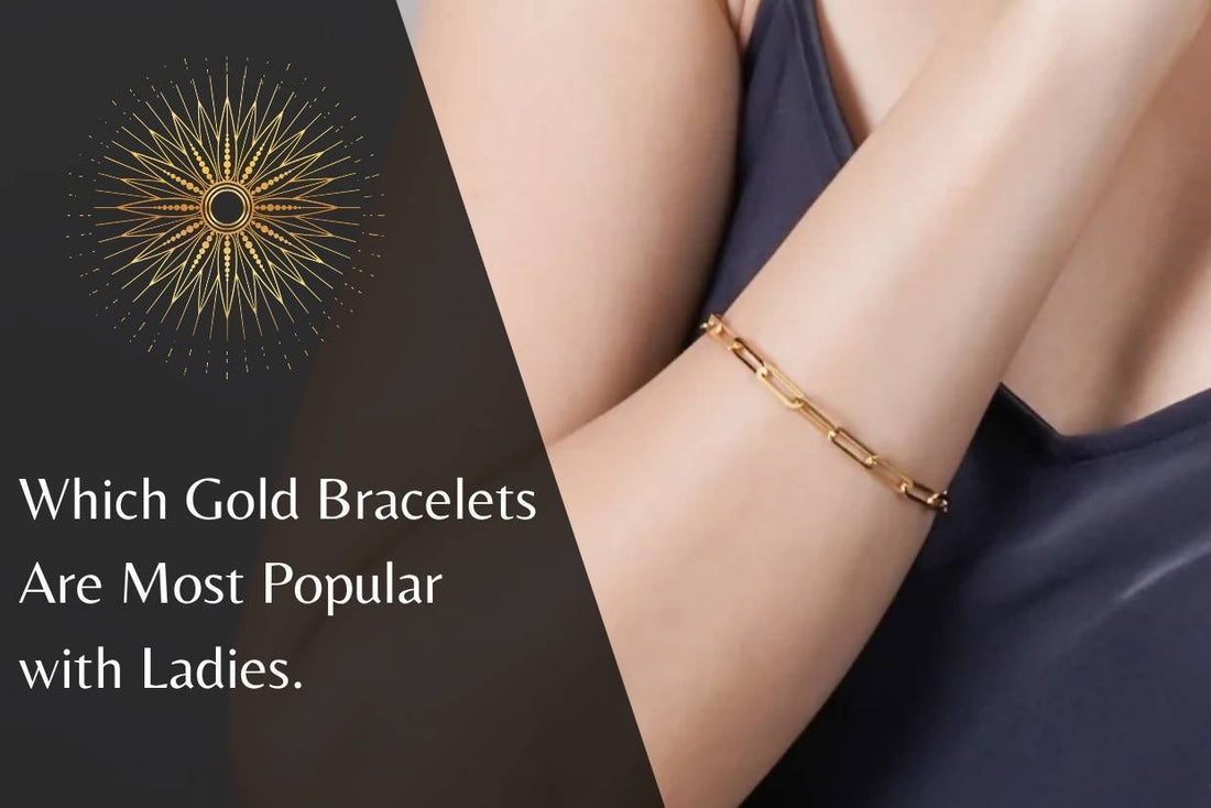 A woman's wrist wearing a gold chain bracelet. The background has a gold-colored sunburst pattern and the text "Which Gold Bracelets Are Most Popular with Ladies.