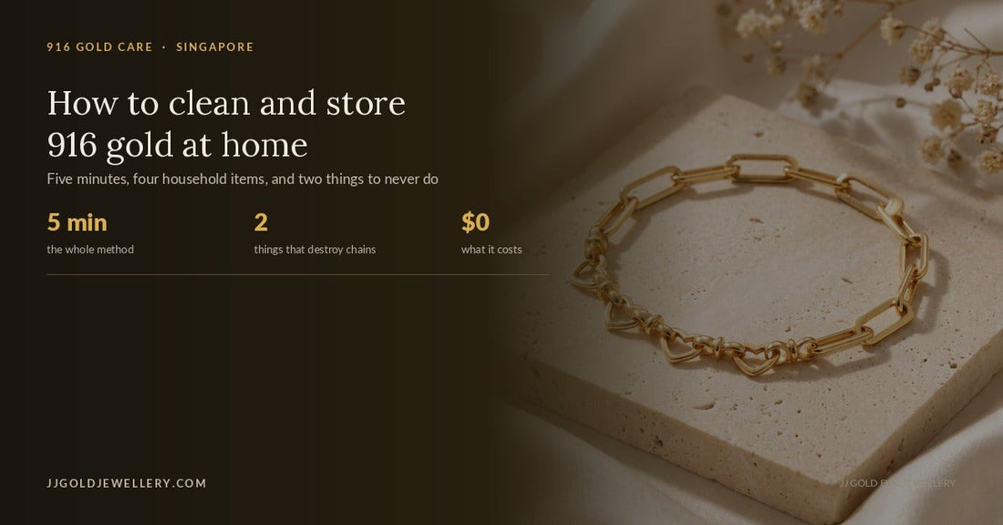 JJ Gold cover graphic on cleaning and storing 916 gold jewellery at home, showing a 916 heart link bracelet, noting a five minute method and two things that destroy chains