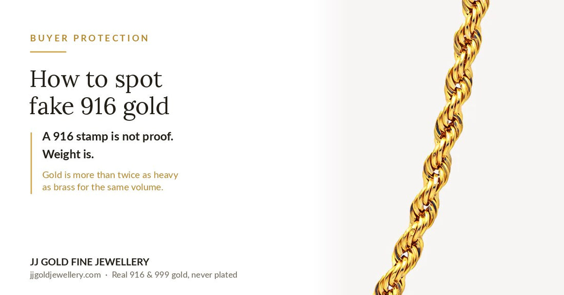JJ Gold cover graphic on how to spot fake 916 gold, stating that a 916 stamp is not proof and that gold is more than twice as heavy as brass