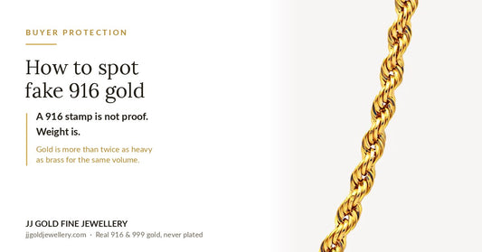 JJ Gold cover graphic on how to spot fake 916 gold, stating that a 916 stamp is not proof and that gold is more than twice as heavy as brass